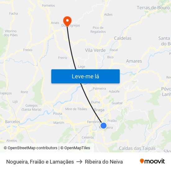 Nogueira, Fraião e Lamaçães to Ribeira do Neiva map