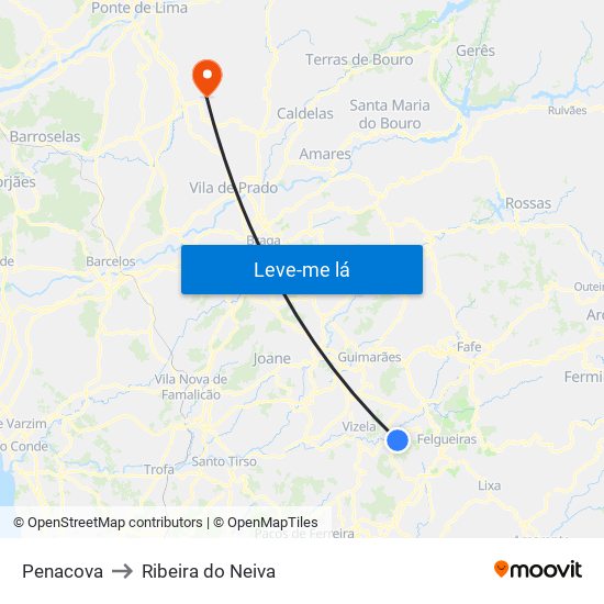 Penacova to Ribeira do Neiva map