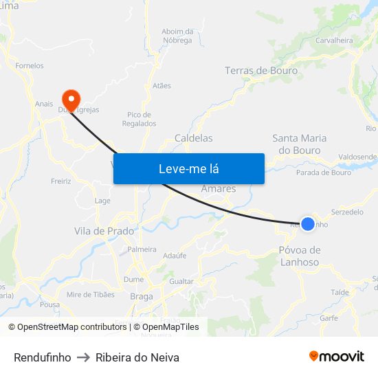 Rendufinho to Ribeira do Neiva map
