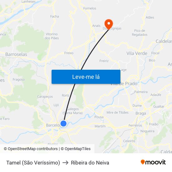 Tamel (São Veríssimo) to Ribeira do Neiva map