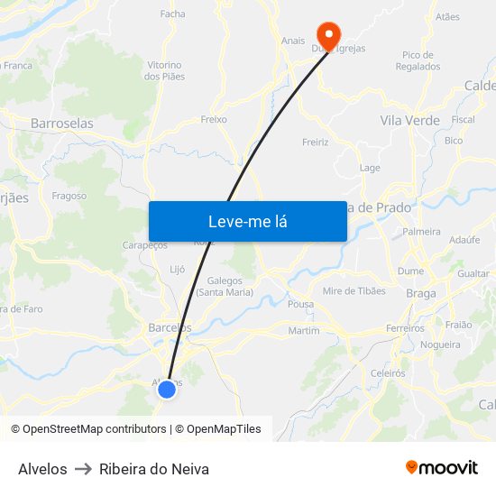 Alvelos to Ribeira do Neiva map