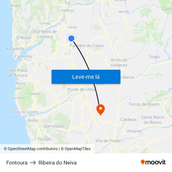 Fontoura to Ribeira do Neiva map