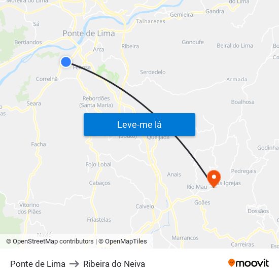 Ponte de Lima to Ribeira do Neiva map