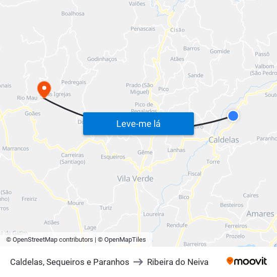 Caldelas, Sequeiros e Paranhos to Ribeira do Neiva map