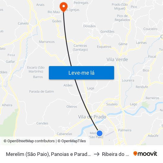 Merelim (São Paio), Panoias e Parada de Tibães to Ribeira do Neiva map