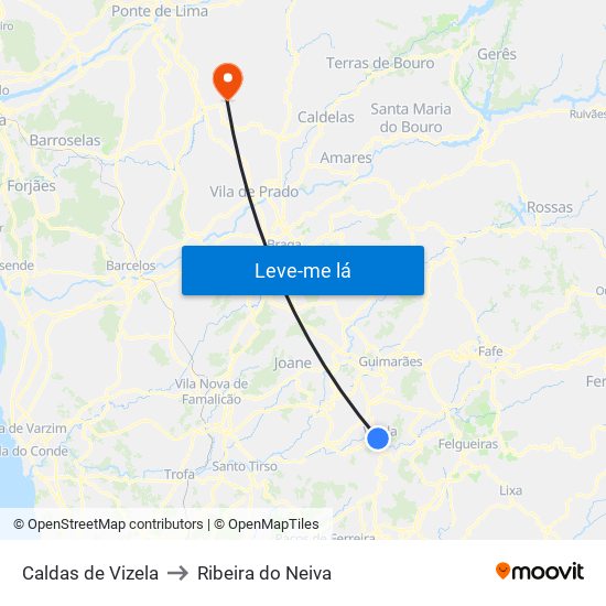 Caldas de Vizela to Ribeira do Neiva map