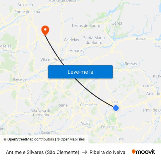 Antime e Silvares (São Clemente) to Ribeira do Neiva map