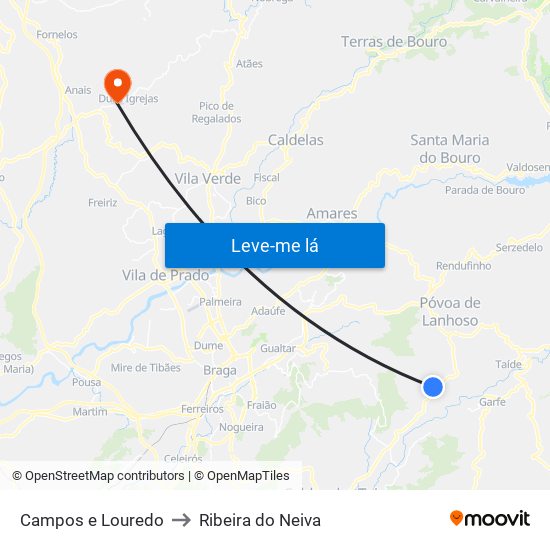 Campos e Louredo to Ribeira do Neiva map