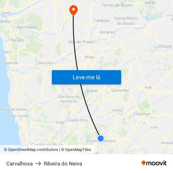Carvalhosa to Ribeira do Neiva map