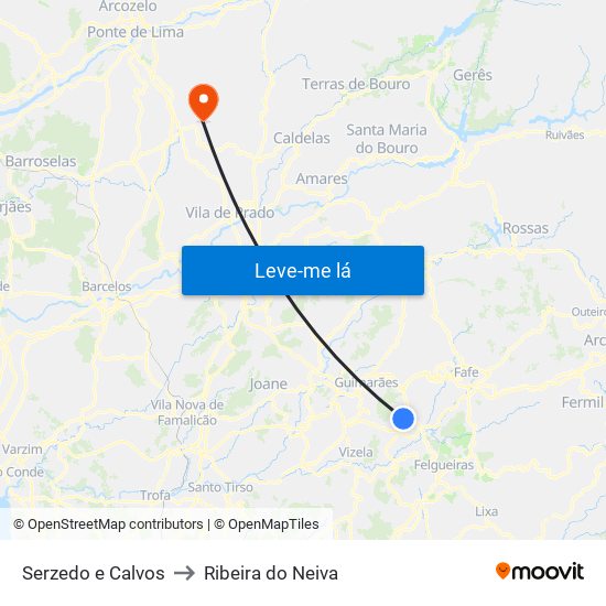 Serzedo e Calvos to Ribeira do Neiva map