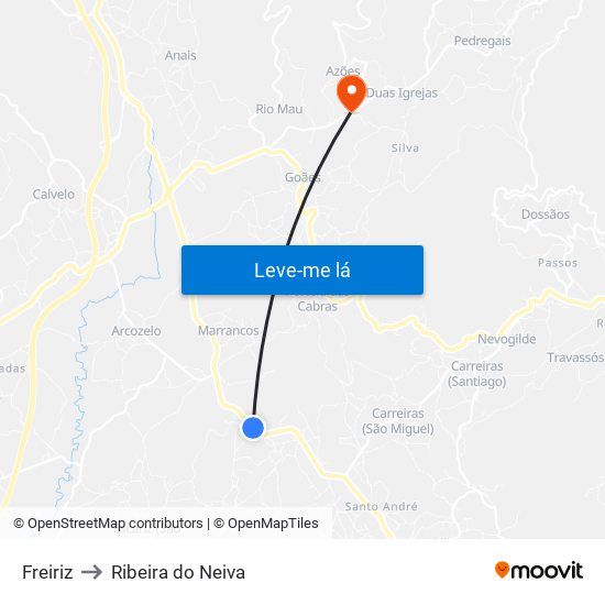 Freiriz to Ribeira do Neiva map