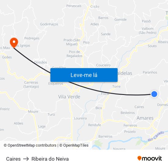 Caires to Ribeira do Neiva map