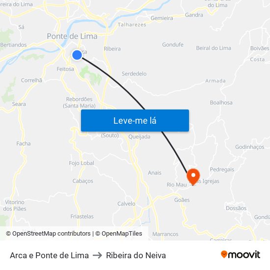 Arca e Ponte de Lima to Ribeira do Neiva map