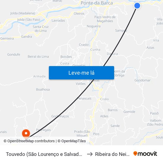 Touvedo (São Lourenço e Salvador) to Ribeira do Neiva map