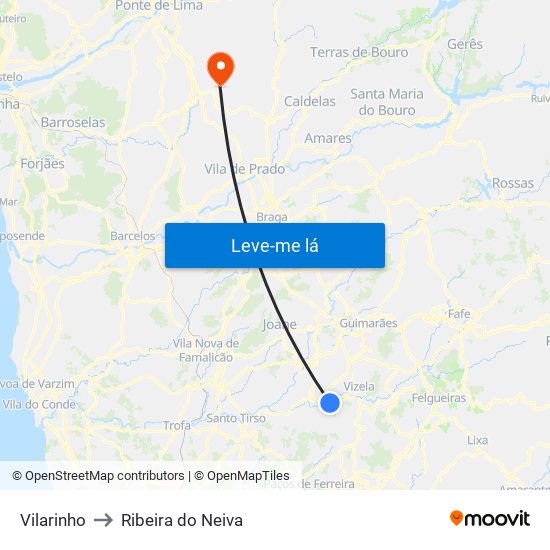 Vilarinho to Ribeira do Neiva map