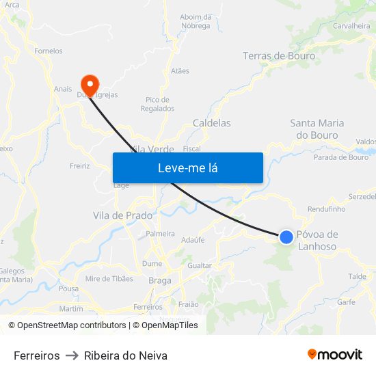 Ferreiros to Ribeira do Neiva map