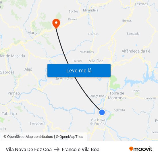 Vila Nova De Foz Côa to Franco e Vila Boa map