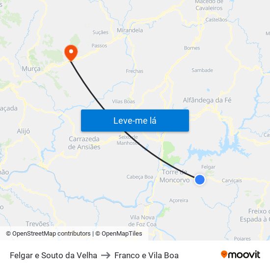 Felgar e Souto da Velha to Franco e Vila Boa map