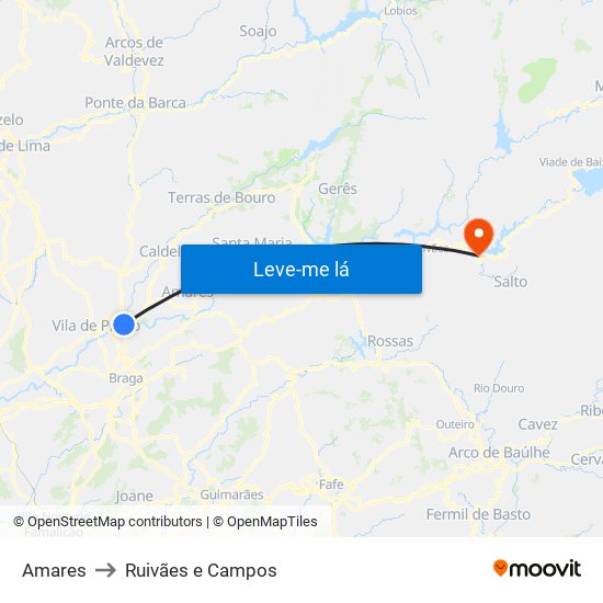 Amares to Ruivães e Campos map