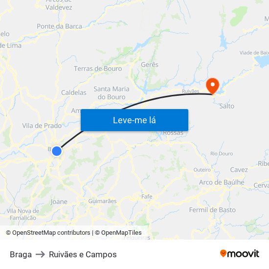 Braga to Ruivães e Campos map