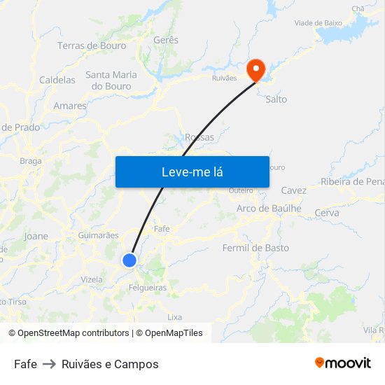 Fafe to Ruivães e Campos map