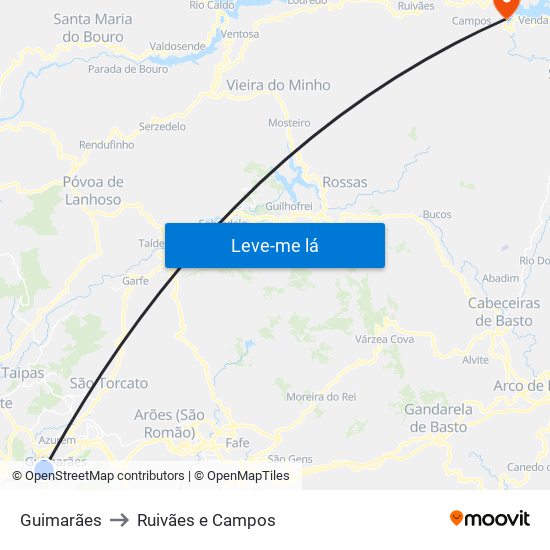 Guimarães to Ruivães e Campos map