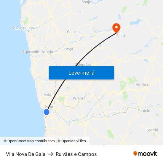 Vila Nova De Gaia to Ruivães e Campos map