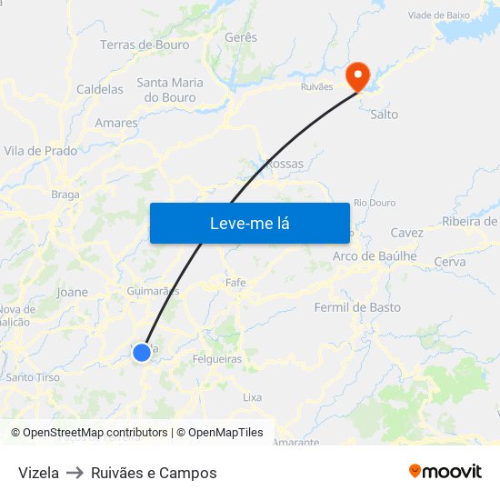 Vizela to Ruivães e Campos map