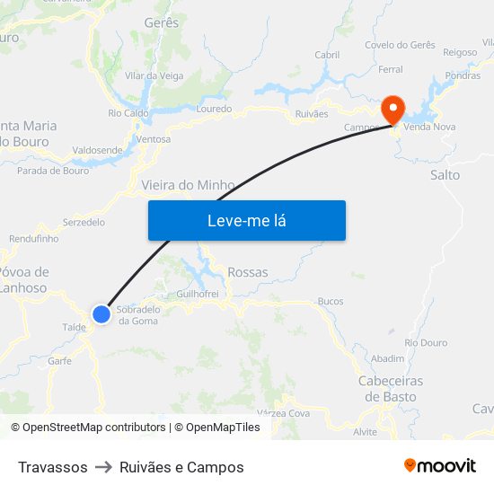 Travassos to Ruivães e Campos map