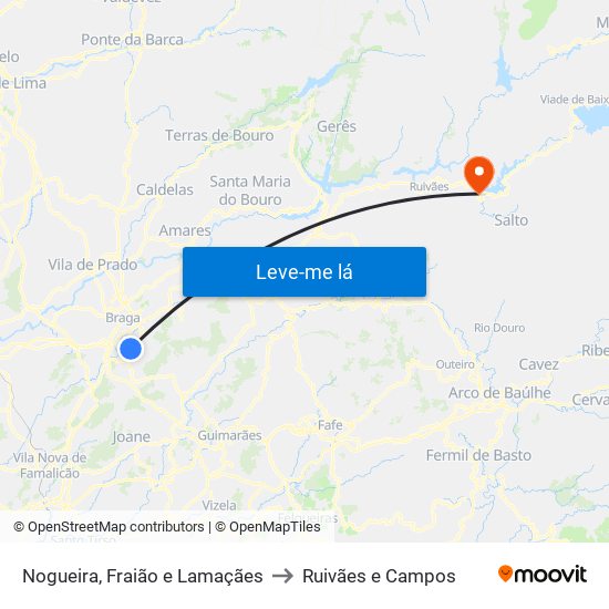 Nogueira, Fraião e Lamaçães to Ruivães e Campos map