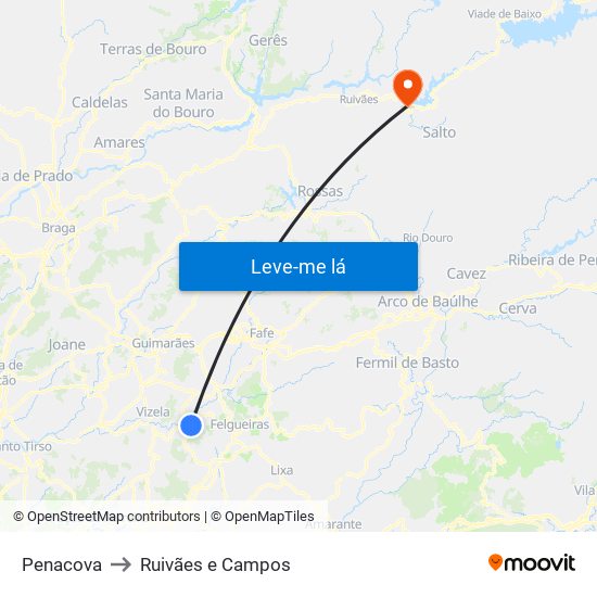 Penacova to Ruivães e Campos map