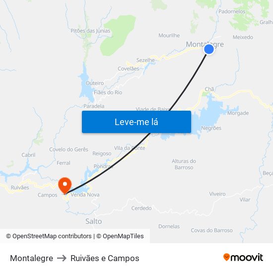 Montalegre to Ruivães e Campos map