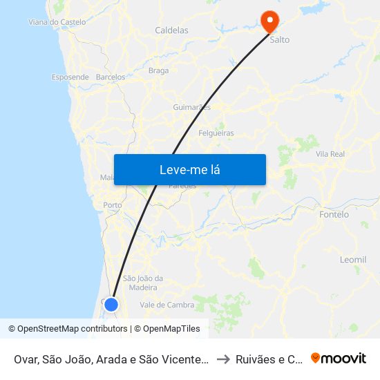 Ovar, São João, Arada e São Vicente de Pereira Jusã to Ruivães e Campos map