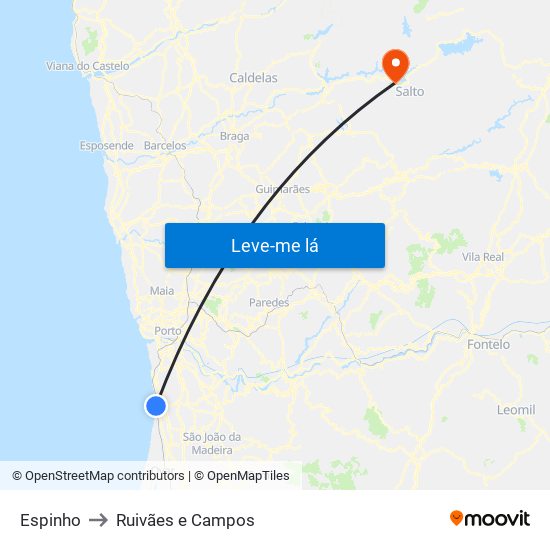 Espinho to Ruivães e Campos map