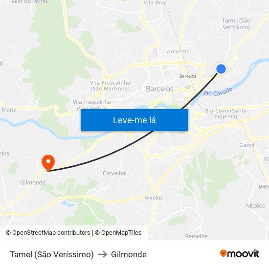 Tamel (São Veríssimo) to Gilmonde map