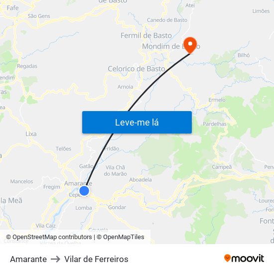 Amarante to Vilar de Ferreiros map