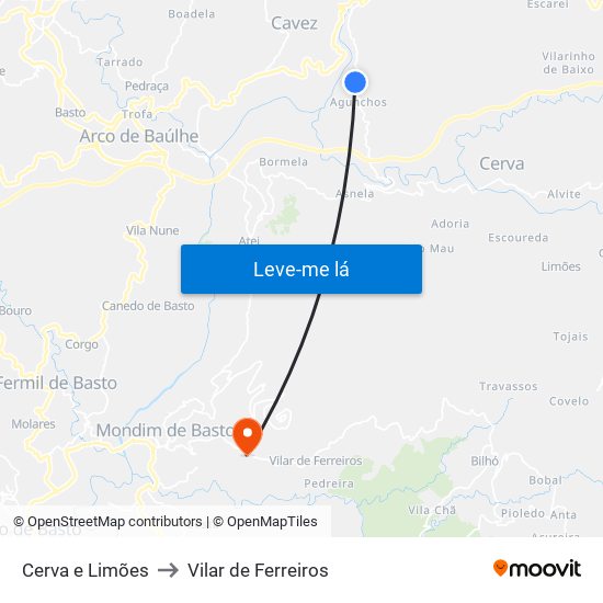 Cerva e Limões to Vilar de Ferreiros map