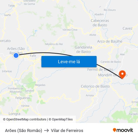 Arões (São Romão) to Vilar de Ferreiros map