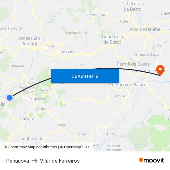 Penacova to Vilar de Ferreiros map