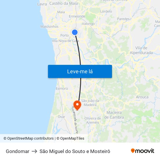 Gondomar to São Miguel do Souto e Mosteirô map