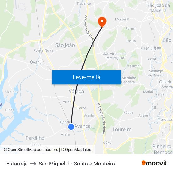 Estarreja to São Miguel do Souto e Mosteirô map