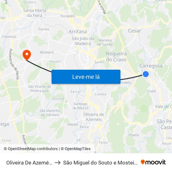Oliveira De Azeméis to São Miguel do Souto e Mosteirô map