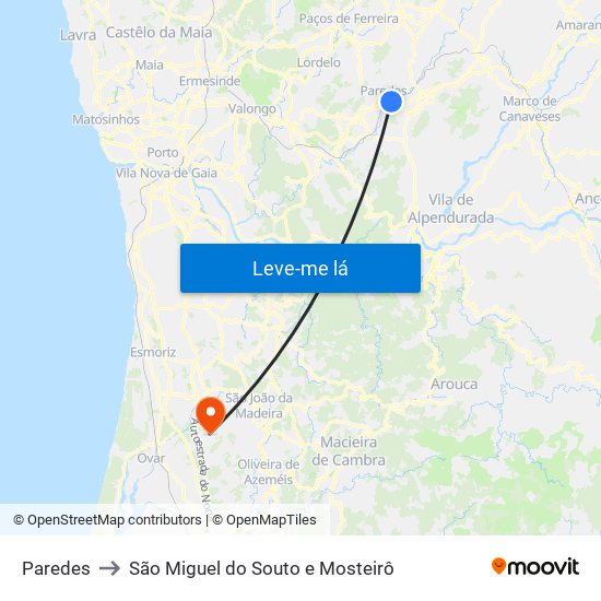 Paredes to São Miguel do Souto e Mosteirô map