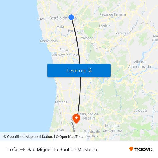 Trofa to São Miguel do Souto e Mosteirô map
