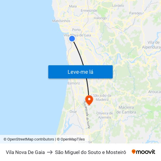Vila Nova De Gaia to São Miguel do Souto e Mosteirô map