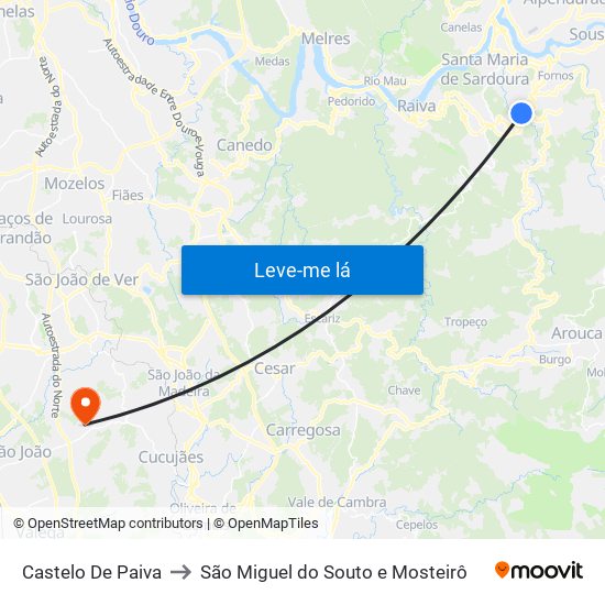 Castelo De Paiva to São Miguel do Souto e Mosteirô map