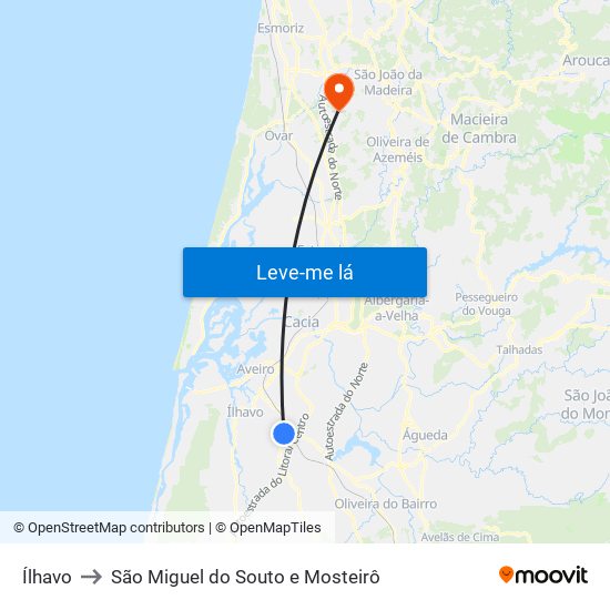 Ílhavo to São Miguel do Souto e Mosteirô map