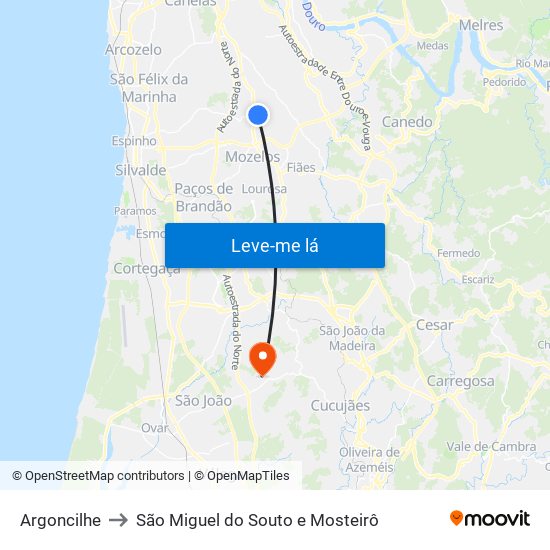 Argoncilhe to São Miguel do Souto e Mosteirô map