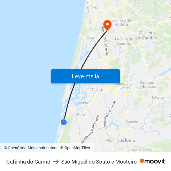 Gafanha do Carmo to São Miguel do Souto e Mosteirô map