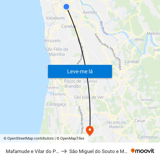 Mafamude e Vilar do Paraíso to São Miguel do Souto e Mosteirô map